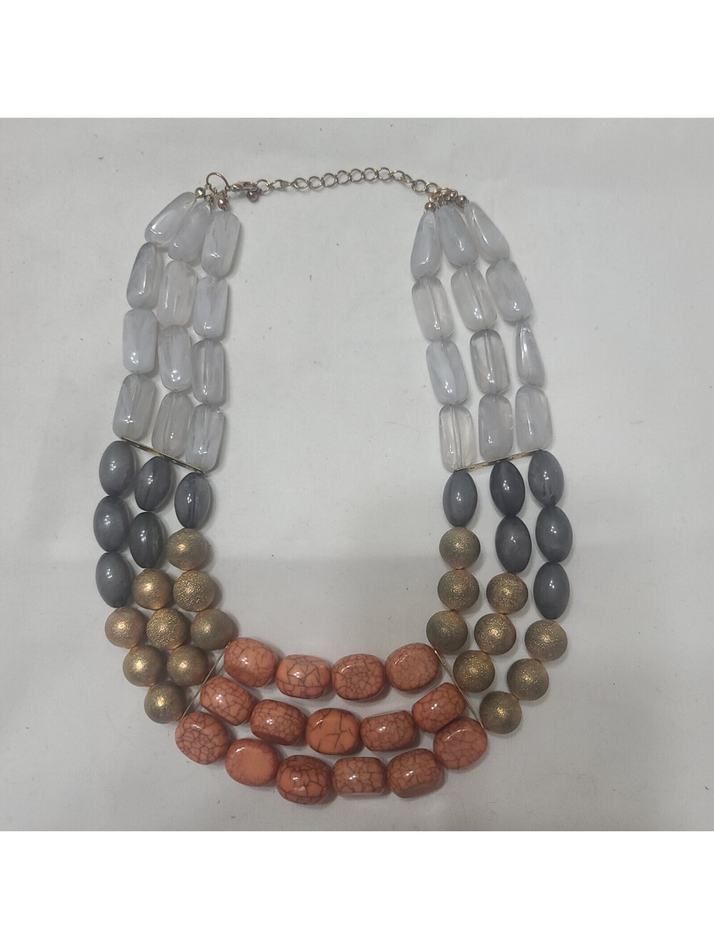 3 Strand Necklace 20" Smoky Grey Sparkly Gold Cracked Coral Grey White Mix Beads